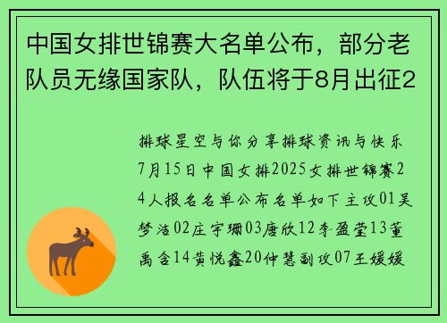 中国女排世锦赛大名单公布，部分老队员无缘国家队，队伍将于8月出征2025年女排世锦赛